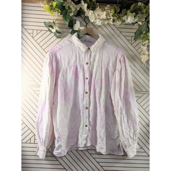 ZARA Women's Pink White Tie Dye Button Up Puff Sleeve Collar Long SleeSize Large - Picture 1 of 6